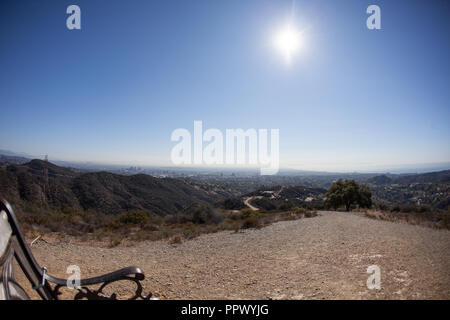 Stunning panoramic view of West Los Angeles from Kenter Trail Hike in Brentwood. Overlooking Santa Monica, Beverly Hills, Hollywood, Culver City with Downtown LA in the horizon. Stock Photo