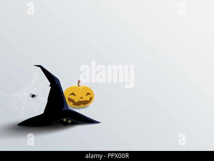 Halloween pumpkin and black witch hat, something hides inside. Vector illustration for background,  website, card. Stock Vector