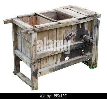 Wooden aged vintage box -  mill separator for grain. Isolated on white with patch Stock Photo