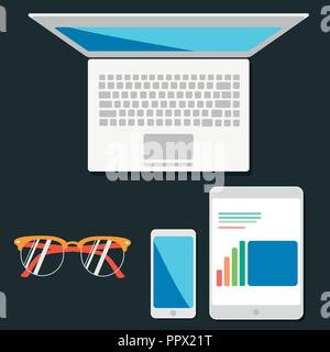 Communication and business work concept render of laptop or notebook, tablet computer PC with stock market exchange internet application, smartphone or mobile phone, on office table Stock Vector