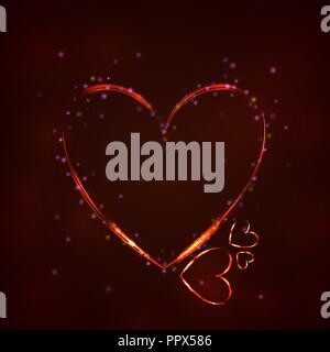 Glowing red heart on dark background. Vector illustration. Valentines day card. Stock Vector