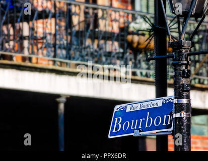 A sign marks Bourbon Street, or Rue Bourbon, in the New Orleans French Quarter in New Orleans, Louisiana. Stock Photo