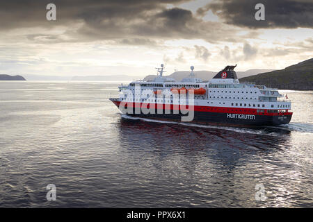 The Norwegian Hurtigruten Ferry, MS Richard With, Departing Havøysund, Sailing Southbound. Norway. Stock Photo