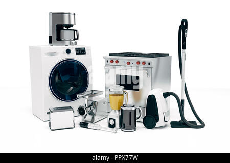 3d set of home appliances on white background Stock Photo