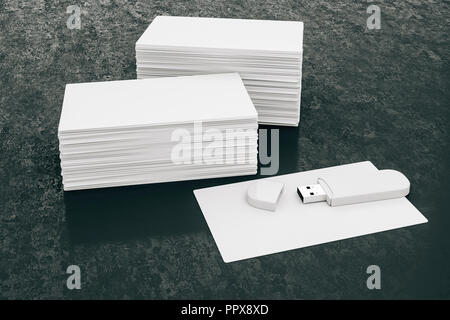 3d blank white business cards and usb memory stick Stock Photo