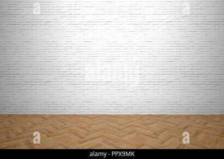 3d white brick wall and wooden floor Stock Photo