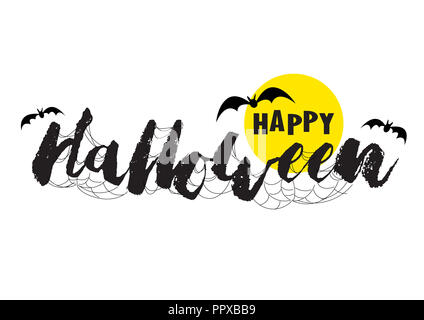 Happy Halloween vector with brush lettering. Web, cobweb, full moon and bats flying on Happy Halloween text banner. Stock Photo