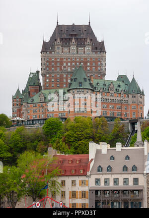 The Château Frontenac perched atop Cap Diamant promontory, above Old Quebec’s Lower Town (Basse-Ville). Quebec City, Quebec, Canada. Stock Photo