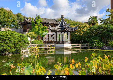 Pagoda reflecting in a pond at the Lan Su Chinese Garden, in Portland, Oregon. Stock Photo