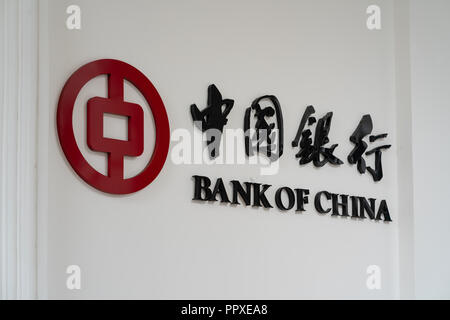 GEORGE TOWN, MALAYSIA - 15 SEPTEMBER, 2018: Bank of China logo signage on the white painted building located at George Town, Penang, Malaysia. Stock Photo