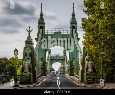 London, UK - September 18, 2018: View of Hammersmith Bridge, a suspension bridge that crosses the River Thames in west London. Stock Photo