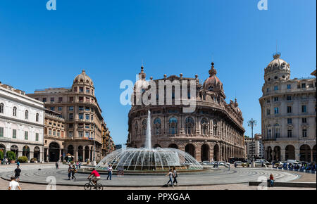 Genoa / Italy - May 29, 2018: View of Piazza Raffaele de Ferrari, with Palazzo dell' Accademia Ligustica on the left and Palazzo della Nuova Borsa. Stock Photo