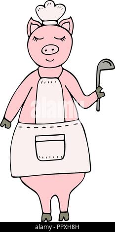 Vector hand-drawn funny pig chef wearing an apron and a ladle. Stock Vector