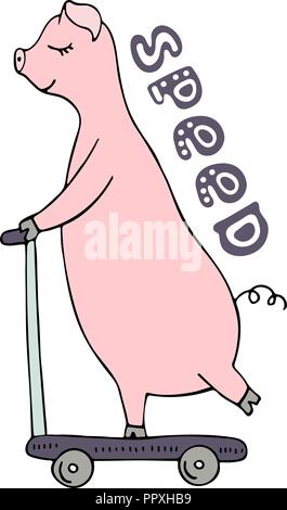 Vector hand-drawn illustration of an pig riding on a scooter. Stock Vector