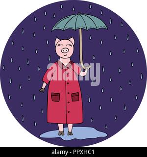 Vector hand-drawn illustration with a pig with an umbrella in the rain. Stock Vector