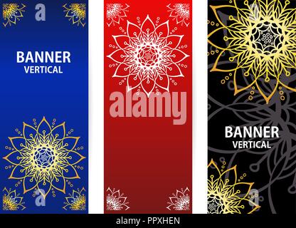 collection vertical abstract banners in Oriental style. Template for yoga center. Vector illustration for business. Golden elements of the mandala on Dark red, blue and black background Stock Vector