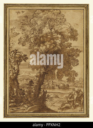 Landscape with the Holy Family, Rest on the Flight into Egypt, Alessandro Algardi, Italian, 1598 - 1654, and Giovanni Stock Photo