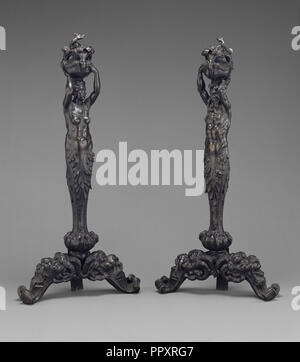 Pair of Andirons in the form of a Female and Male Herm; Italian, probably active in France, Fontainebleau, France; about 1540 Stock Photo