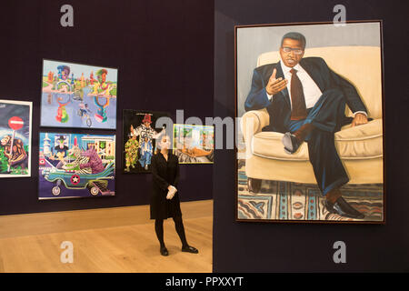 London UK. 28th September 2018. Image: Zemba Luzamba (Democratic  Republic of Congo) 1973. Photocall showcasing important Congolose modern and contemporary art including highly regarded artists such as Chéri Samba, Aimé Mpane, and Freddy TsimbaCredit: amer ghazzal/Alamy Live News Stock Photo