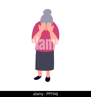 Lonely sad old woman. Mature woman crying covering her face with her hands. Mental health senior problems and psychology help concept. Stock Vector