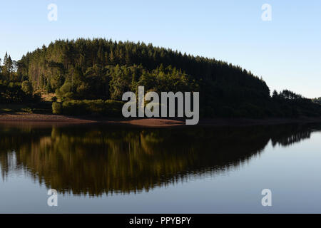 Usk reservoir with woodland reflecting in the still waters of the lake Stock Photo