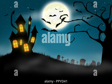 Halloween background with haunted castle and graveyard Stock Photo