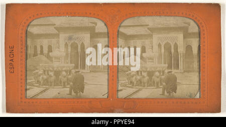 Man seated in front of fountain in the Court of Lions, The Alhambra, Spain; E. Lamy, French, active 1860s - 1870s, 1860s Stock Photo