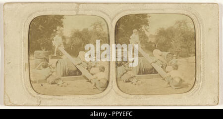 Children on makeshift see-saw; 1855 - 1860; Hand-colored Albumen silver print Stock Photo
