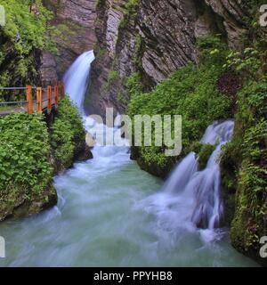 Waterfalls in Unterwasser, Toggenburg valley. Spring scene in the Swiss Alps. Thurfaelle. Stock Photo