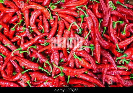 Pimientos Picantes (hot peppers /Chilli on market stall in Spain Stock Photo