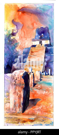 Watercolor painting of Mayan temple and stelae at UNESCO World Heritage ruins of Tikal- Guatemala. Stock Photo