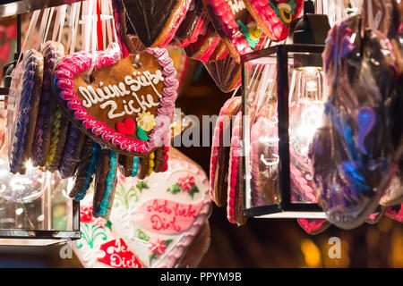 Nuremberg, Germany - December 24, 2016: Christmas market stall with gingerbread in Bavaria Stock Photo