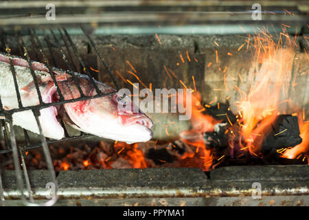 Big golden fish grilled on charcoal on the barbeque in the restaurant Stock Photo