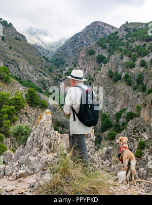 Man wearing Panama hat and dog admiring gorge view, Sierras de Tejeda Natural Park, Axarquia, Andalusia, Spain Stock Photo