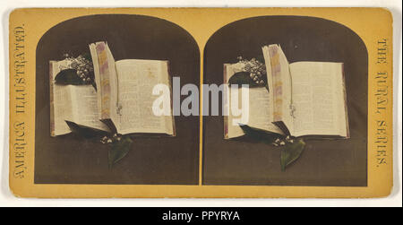 Book opened at two spots, one with book mark string, the other with ...