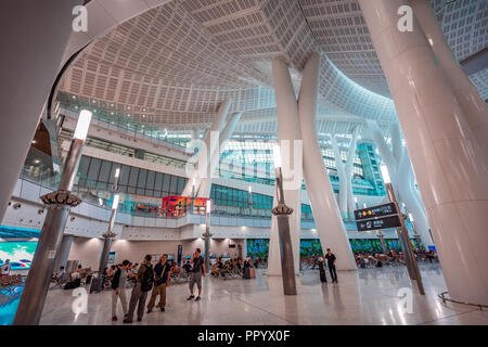 Hong Kong, China - September 02, 2018 : Departure hall of Hong Kong West Kowloon railway station. It is the terminus of the Hong Kong section of the G