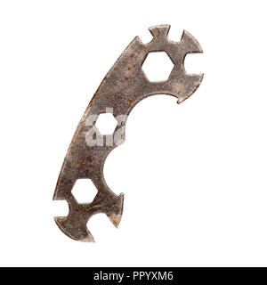 Old rusty multi function bicycle wrench hexagon isolated on white background Stock Photo