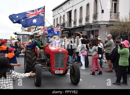Bowral, Australia - Sept 22, 2018. Tulip Time Street Parade features classic and vintage cars, marching bands and various floats. Locals and visitors  Stock Photo