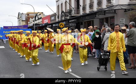 Bowral, Australia - Sept 22, 2018. Falun Gong Meditation. Tulip Time Street Parade features marching bands and various floats. Visitors enjoy the spec Stock Photo