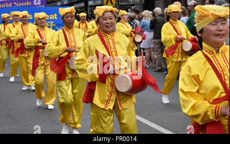 Bowral, Australia - Sept 22, 2018. Falun Gong Meditation. Tulip Time Street Parade features marching bands and various floats. Visitors enjoy the spec Stock Photo