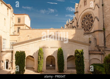 Cathédral Saint-Pierre seen from the inner courtyard of the Faculty of Medicine of Montpellier University, former the cloister of the monastery Stock Photo