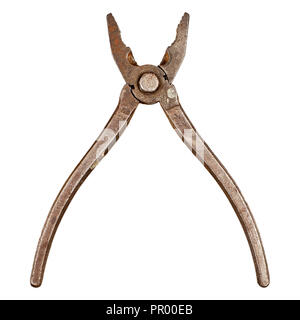 Old rusty pliers isolated on white background. Top view Stock Photo