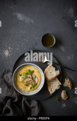 Cheese cream soup with mushrooms, herbs and white bread in gray plate on black background Stock Photo