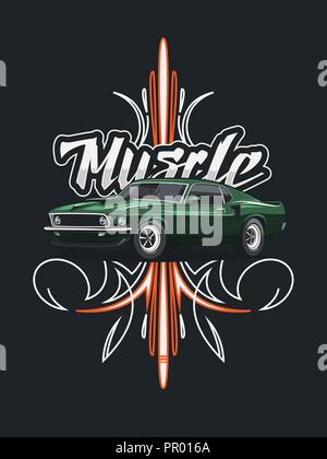 Classic muscle car poster with tribal ornament on dark background. Stock Vector