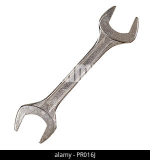 Big chrome wrench isolated on white background. Top view. Stock Photo