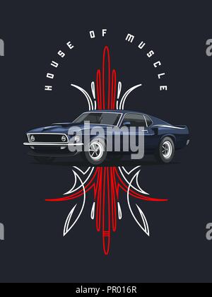 Classic muscle car poster with tribal ornament on dark background. Stock Vector