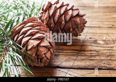 Pine cones and spruce branches on wooden background. Selective focus.Copy space. Stock Photo