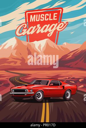 Retro american muscle car poster. Illustration with car standing on road near mountains. Stock Vector