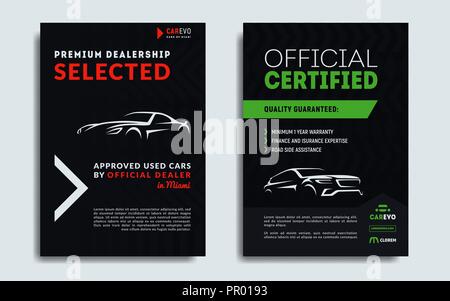 Set of A4, A5 car repair service business card templates. Car sale business catalogue or broschure cover layout design. Vector illustration. Stock Vector