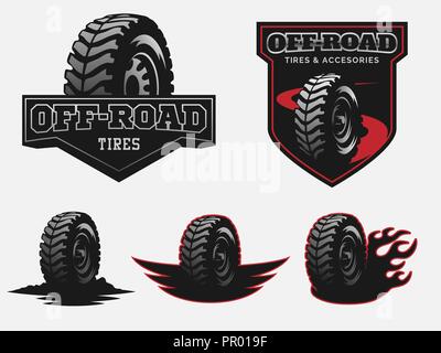 Set of off-road tyre service logo emblems and badges. Stock Vector